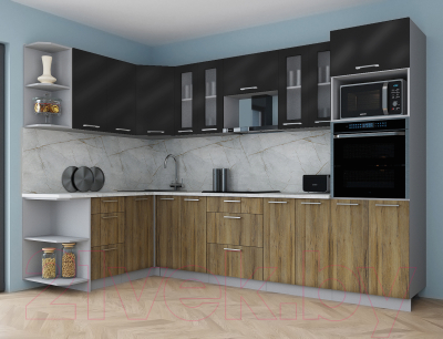 Готовая кухня Интерлиния Мила Gloss 1.68x3.0 левая (черный глянец/дуб вотан/травертин серый)