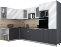 Кухонный гарнитур Интерлиния Мила Gloss 1.68x3.2 левая (белый глянец/графит софт/травертин серый) - 