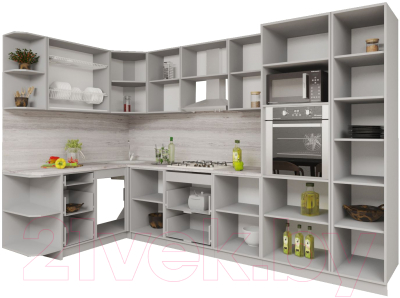 Кухонный гарнитур Интерлиния Мила Gloss 1.68x3.2 левая (белый глянец/графит софт/травертин серый)