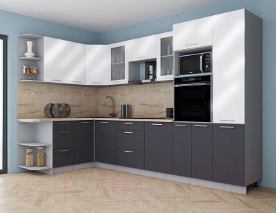 Кухонный гарнитур Интерлиния Мила Gloss 1.68x3.2 левая (белый глянец/графит софт/травертин серый)