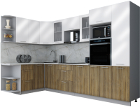 Кухонный гарнитур Интерлиния Мила Gloss 1.68x3.2 левая (белый глянец/дуб вотан/травертин серый) - 