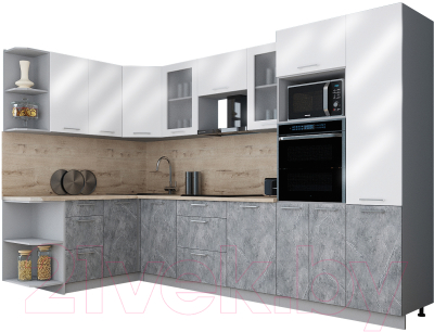 Кухонный гарнитур Интерлиния Мила Gloss 1.68x3.2 левая (белый глянец/керамика/травертин серый)