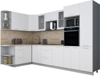 Кухонный гарнитур Интерлиния Мила Gloss 1.68x3.2 левая (белый софт/белый софт/травертин серый) - 