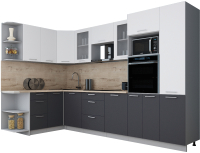Кухонный гарнитур Интерлиния Мила Gloss 1.68x3.2 левая (белый софт/графит софт/травертин серый) - 