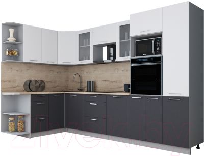 Кухонный гарнитур Интерлиния Мила Gloss 1.68x3.2 левая (белый софт/графит софт/травертин серый)