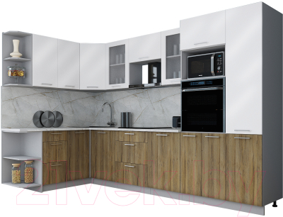 Готовая кухня Интерлиния Мила Gloss 1.68x3.2 левая (белый софт/дуб вотан/травертин серый)