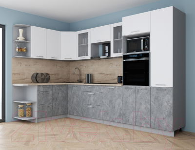 Кухонный гарнитур Интерлиния Мила Gloss 1.68x3.2 левая (белый софт/керамика/травертин серый)
