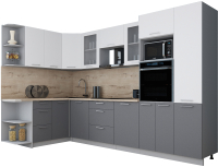 Кухонный гарнитур Интерлиния Мила Gloss 1.68x3.2 левая (белый софт/серый софт/травертин серый) - 