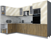 Кухонный гарнитур Интерлиния Мила Gloss 1.68x3.2 левая (ваниль глянец/дуб вотан/травертин серый) - 