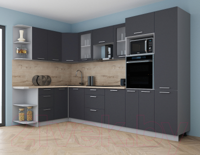 Готовая кухня Интерлиния Мила Gloss 1.68x3.2 левая (графит софт/графит софт/травертин серый)