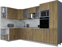 Кухонный гарнитур Интерлиния Мила Gloss 1.68x3.2 левая (дуб вотан/дуб вотан/травертин серый) - 