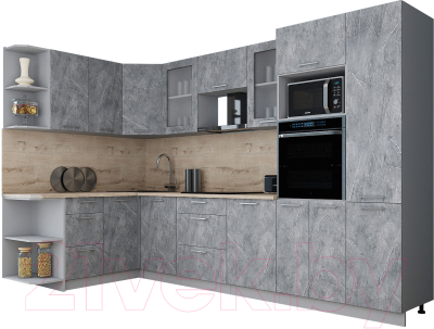 Кухонный гарнитур Интерлиния Мила Gloss 1.68x3.2 левая (керамика/керамика/травертин серый)