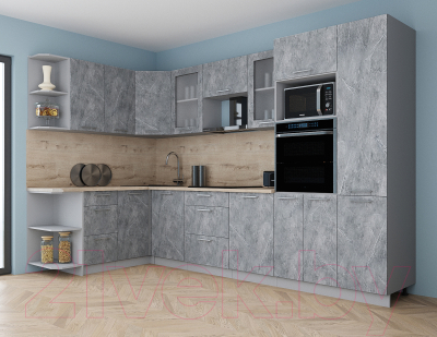 Кухонный гарнитур Интерлиния Мила Gloss 1.68x3.2 левая (керамика/керамика/травертин серый)