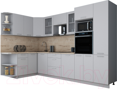 Кухонный гарнитур Интерлиния Мила Gloss 1.68x3.2 левая (пепел софт/пепел софт/травертин серый)