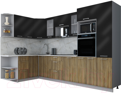 Готовая кухня Интерлиния Мила Gloss 1.68x3.2 левая (черный глянец/дуб вотан/травертин серый)