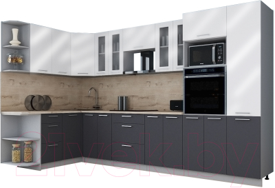 Готовая кухня Интерлиния Мила Gloss 1.68x3.4 левая (белый глянец/графит софт/травертин серый)
