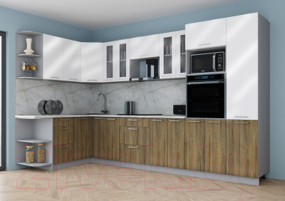 Готовая кухня Интерлиния Мила Gloss 1.68x3.4 левая (белый глянец/дуб вотан/травертин серый)