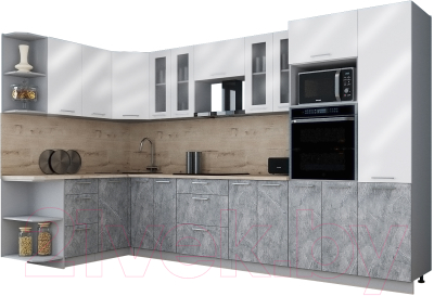 Готовая кухня Интерлиния Мила Gloss 1.68x3.4 левая (белый глянец/керамика/травертин серый)