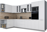 Кухонный гарнитур Интерлиния Мила Gloss 1.68x3.4 левая (белый софт/белый софт/травертин серый) - 