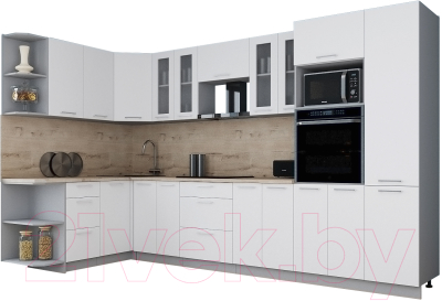 Готовая кухня Интерлиния Мила Gloss 1.68x3.4 левая (белый софт/белый софт/травертин серый)