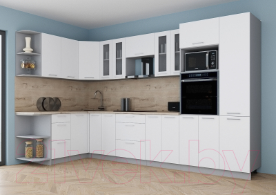 Кухонный гарнитур Интерлиния Мила Gloss 1.68x3.4 левая (белый софт/белый софт/травертин серый)