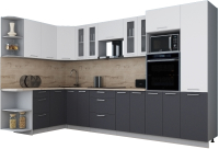 Кухонный гарнитур Интерлиния Мила Gloss 1.68x3.4 левая (белый софт/графит софт/травертин серый) - 
