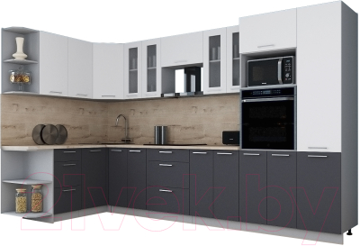Кухонный гарнитур Интерлиния Мила Gloss 1.68x3.4 левая (белый софт/графит софт/травертин серый)