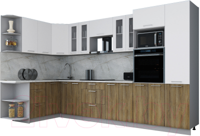 Готовая кухня Интерлиния Мила Gloss 1.68x3.4 левая (белый софт/дуб вотан/травертин серый)