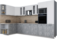 Кухонный гарнитур Интерлиния Мила Gloss 1.68x3.4 левая (белый софт/керамика/травертин серый) - 