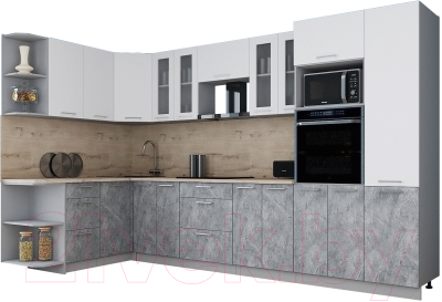 Кухонный гарнитур Интерлиния Мила Gloss 1.68x3.4 левая (белый софт/керамика/травертин серый)