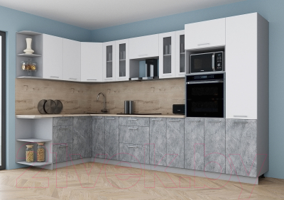 Готовая кухня Интерлиния Мила Gloss 1.68x3.4 левая (белый софт/керамика/травертин серый)