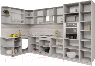 Готовая кухня Интерлиния Мила Gloss 1.68x3.4 левая (белый софт/серый софт/травертин серый)