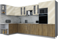 Кухонный гарнитур Интерлиния Мила Gloss 1.68x3.4 левая (ваниль глянец/дуб вотан/травертин серый) - 