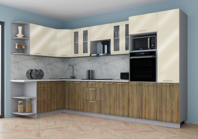 Готовая кухня Интерлиния Мила Gloss 1.68x3.4 левая (ваниль глянец/дуб вотан/травертин серый)