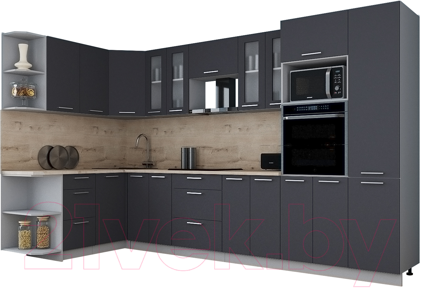 Кухонный гарнитур Interline Мила Gloss 1.68x3.4 левая (пепел/пепел/травертин серый)