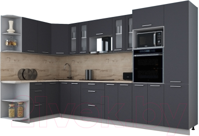 Кухонный гарнитур Интерлиния Мила Gloss 1.68x3.4 левая (графит софт/графит софт/травертин серый)