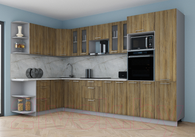 Готовая кухня Интерлиния Мила Gloss 1.68x3.4 левая (дуб вотан/дуб вотан/травертин серый)