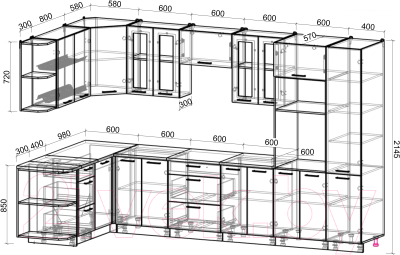 Кухонный гарнитур Интерлиния Мила Gloss 1.68x3.4 левая (керамика/керамика/травертин серый)