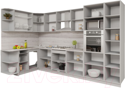 Кухонный гарнитур Интерлиния Мила Gloss 1.68x3.4 левая (керамика/керамика/травертин серый)