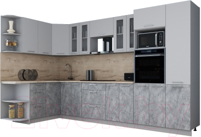Готовая кухня Интерлиния Мила Gloss 1.68x3.4 левая (пепел софт/керамика/травертин серый)