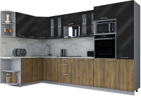 Кухонный гарнитур Интерлиния Мила Gloss 1.68x3.4 левая (черный глянец/дуб вотан/травертин серый) - 