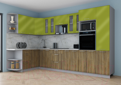 Готовая кухня Интерлиния Мила Gloss 1.68x3.4 левая (яблоко глянец/дуб вотан/травертин серый)