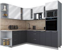 Кухонный гарнитур Интерлиния Мила Gloss 1.88x2.4 левая (белый глянец/графит софт/травертин серый) - 