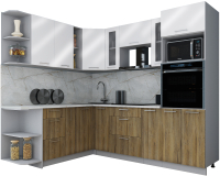 Кухонный гарнитур Интерлиния Мила Gloss 1.88x2.4 левая (белый глянец/дуб вотан/травертин серый) - 