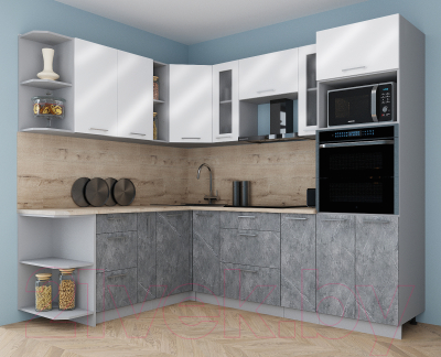 Готовая кухня Интерлиния Мила Gloss 1.88x2.4 левая (белый глянец/керамика/травертин серый)