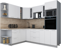 Кухонный гарнитур Интерлиния Мила Gloss 1.88x2.4 левая (белый софт/белый софт/травертин серый) - 