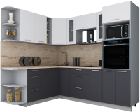 Кухонный гарнитур Интерлиния Мила Gloss 1.88x2.4 левая (белый софт/графит софт/травертин серый) - 
