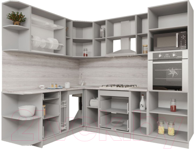 Кухонный гарнитур Интерлиния Мила Gloss 1.88x2.4 левая (белый софт/керамика/травертин серый)