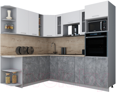 Готовая кухня Интерлиния Мила Gloss 1.88x2.4 левая (белый софт/керамика/травертин серый)