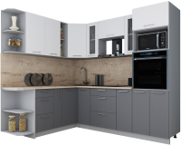 Кухонный гарнитур Интерлиния Мила Gloss 1.88x2.4 левая (белый софт/серый софт/травертин серый) - 